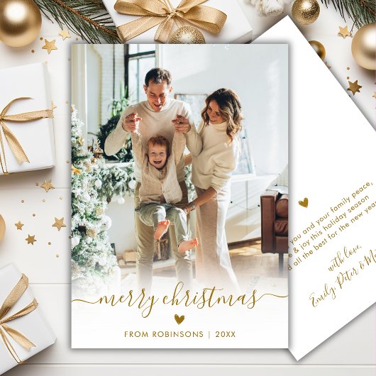 Modern Gold Script One Photo Cute Merry Christmas Feestdagenkaart