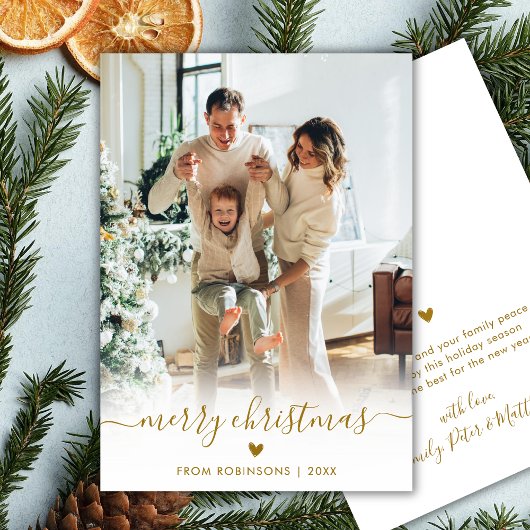 Modern Gold Script One Photo Cute Merry Christmas Feestdagenkaart