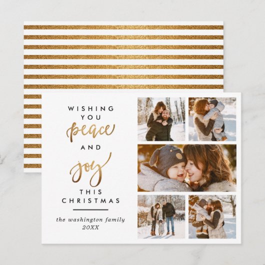 Modern Gold Script Peace & Joy Christmas 5 Foto Briefkaart (Voorkant / Achterkant)