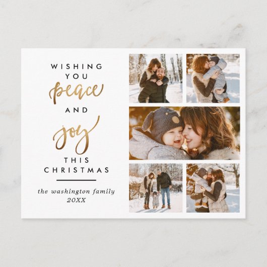Modern Gold Script Peace & Joy Christmas 5 Foto Briefkaart (Voorkant)