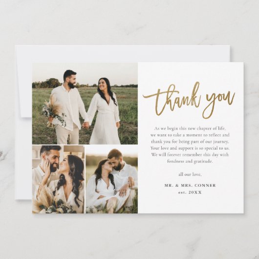 Modern Gold Script Photo Collage Wedding Bedankkaart (Voorkant)