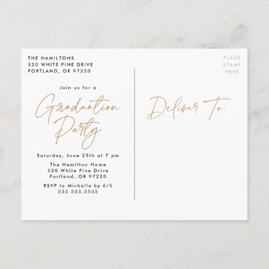 Modern Gold Script Photo Graduparty Uitnodiging Briefkaart (Achterkant)
