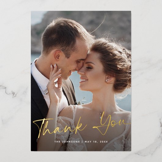 Modern Gold Script Photo Weddenschap Hartelijk dan Folie Uitnodiging (Voorkant)