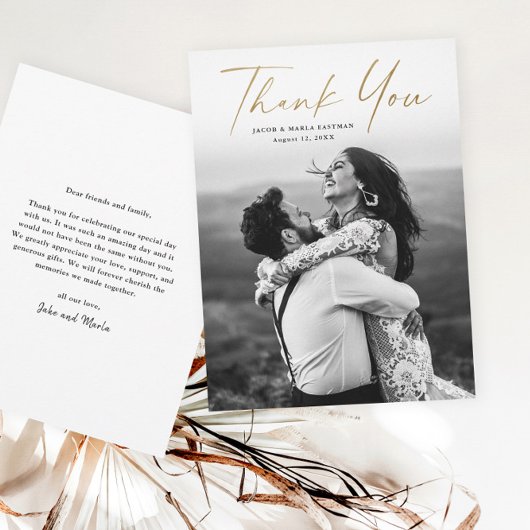 Modern Gold Script Photo Wedding Bedankkaart