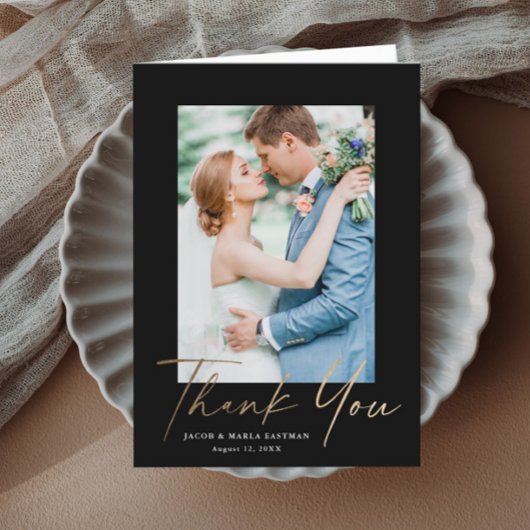 Modern Gold Script Photo Wedding Bedankkaart