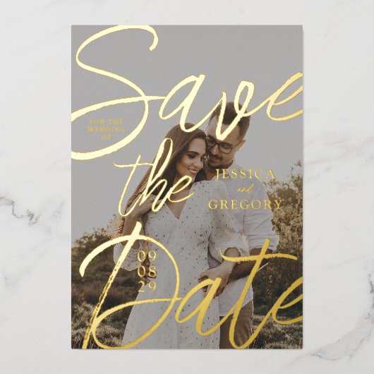 Modern Gold Script Photo Wedding Save the Date Folie Uitnodiging (Voorkant)