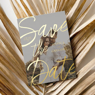 Modern Gold Script Photo Wedding Save the Date Folie Uitnodiging