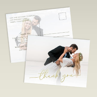 Modern Gold Script Photo Wedding Thank You Card Briefkaart