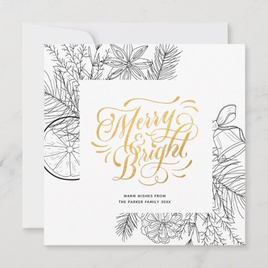 Modern Gold Script Pine Bough Minimalist Floral Feestdagenkaart (Voorkant)