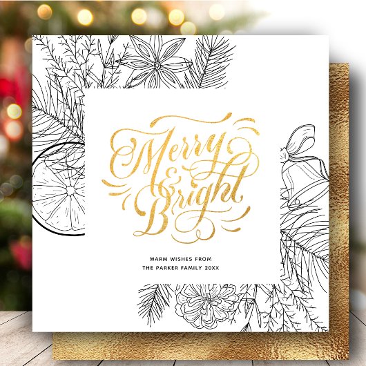 Modern Gold Script Pine Bough Minimalist Floral Feestdagenkaart