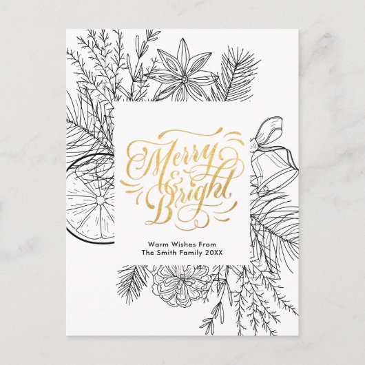 Modern Gold Script Pine Bough minimalist Floral Ho Feestdagenkaart (Voorkant)