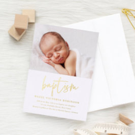 Modern Gold Script Religious Baptism & Christening Folie Uitnodiging