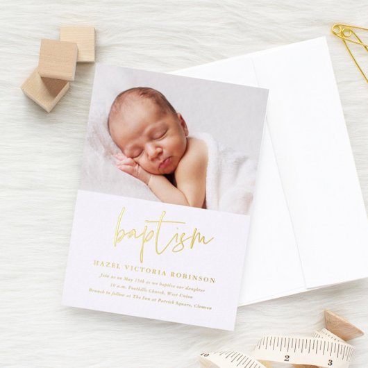 Modern Gold Script Religious Baptism & Christening Folie Uitnodiging