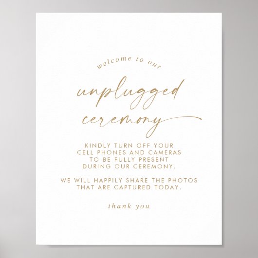 Modern Gold Script Unplugged Ceremony Sign Poster (Voorkant)