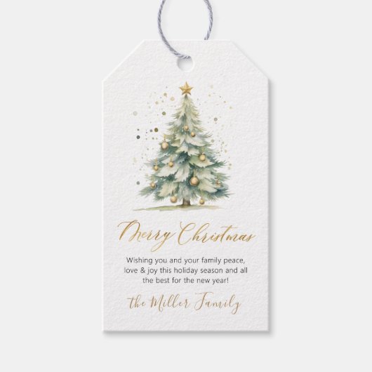 Modern Gold Script Waterverf kerstboom Cadeaulabel (Voorkant)