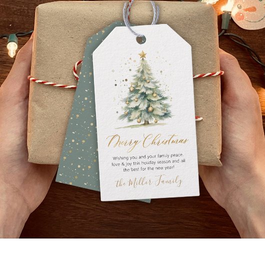 Modern Gold Script Waterverf kerstboom Cadeaulabel