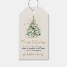 Modern Gold Script Waterverf Kerstboom Cream Cadeaulabel