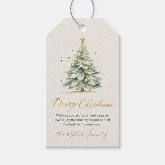 Modern Gold Script Waterverf Kerstboom Cream Cadeaulabel (Voorkant)