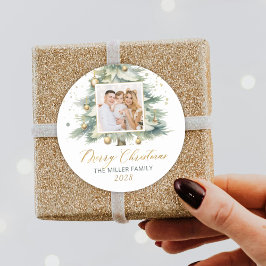 Modern Gold Script Waterverf Kerstboom Foto Ronde Sticker