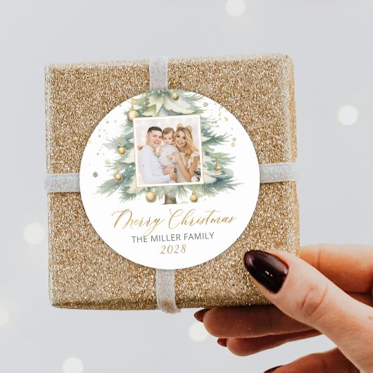 Modern Gold Script Waterverf Kerstboom Foto Ronde Sticker