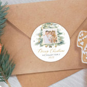 Modern Gold Script Waterverf Kerstboom Foto Ronde Sticker