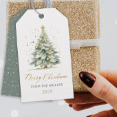 Modern Gold Script Waterverf Kerstboom Gift Cadeaulabel