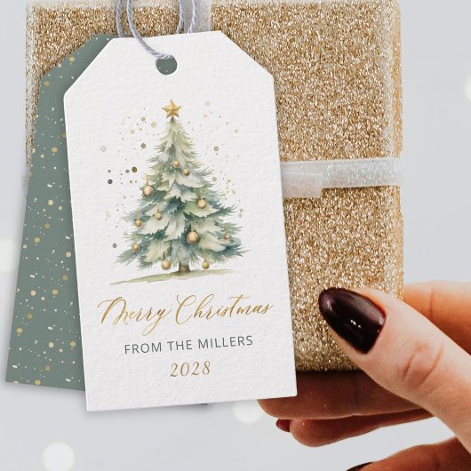 Modern Gold Script Waterverf Kerstboom Gift Cadeaulabel