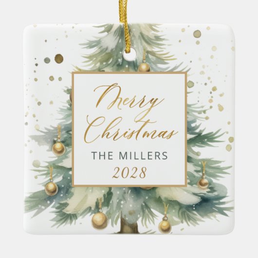 Modern Gold Script Waterverf kerstboom Keramisch Ornament (Voorkant)
