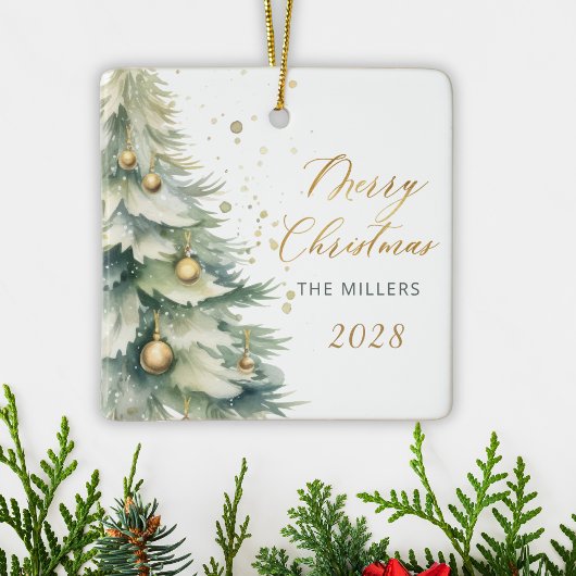 Modern Gold Script Waterverf kerstboom Keramisch Ornament