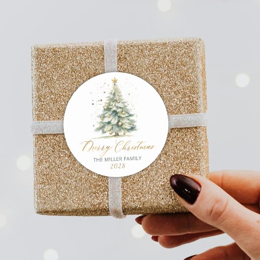 Modern Gold Script Waterverf kerstboom Ronde Sticker