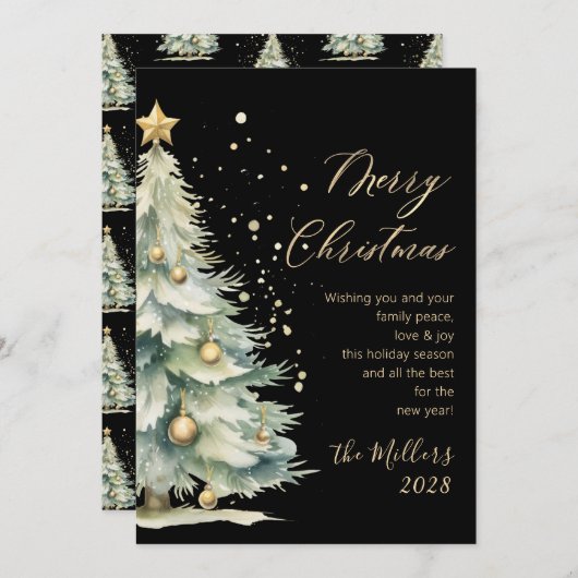 Modern Gold Script Waterverf kerstboom zwart Feestdagenkaart (Voorkant / Achterkant)