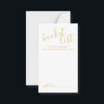 Modern Gold Script Wedding Bucket List Advieskaart<br><div class="desc">Voeg een persoonlijke aanraking aan uw bruiloft toe met een moderne kaart van de emmer van de manuscriptbruiloft. Deze kaart is voorzien van een titel in de gouden moderne lettertypestijl voor kalligrafie en van details in de gouden moderne sans serif lettertypestijl op witte achtergrond. Opmerking: de details van de folie...</div>