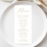 Modern Gold Script Wedding Menu<br><div class="desc">Verhoog uw huwelijksreceptie met ons prachtig gemaakte huwelijksmenu, met een strak handgeschreven gouden script op een schone witte achtergrond. Perfect voor koppels die op zoek zijn naar een eenvoudige maar verfijnde look, dit moderne ontwerp laat je personaliseren met je namen, trouwdatum en menu-aanbod. De minimalistische stijl vormt een moeiteloze aanvulling...</div>