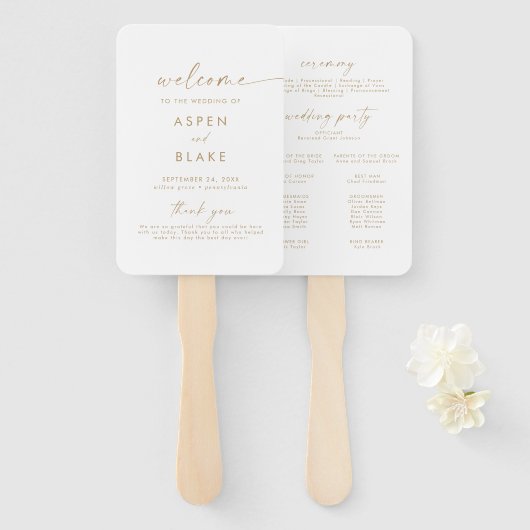 Modern Gold Script Wedding Program Hand Fan Handwaaier (Voorkant en achterkant)