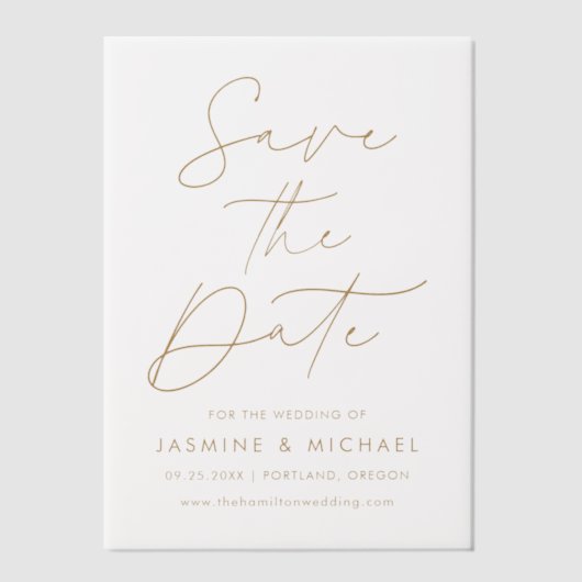 Modern Gold Script Wedding Save the Date Vellum Uitnodigingen (Voorkant)