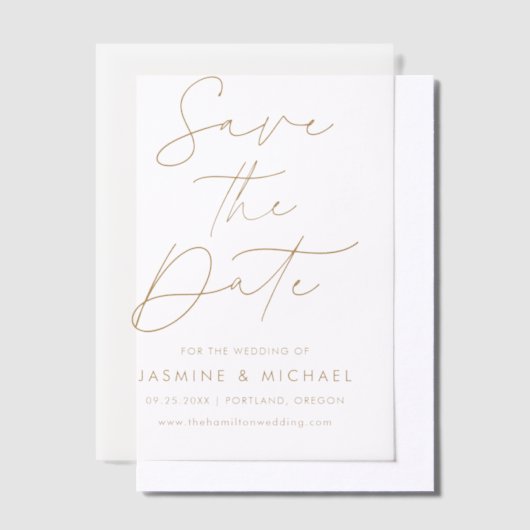 Modern Gold Script Wedding Save the Date Vellum Uitnodigingen (Offset)
