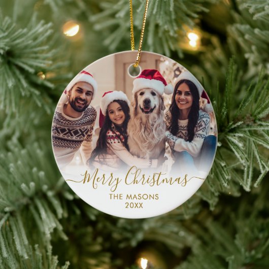 Modern Gold Script White2 Foto Vrolijk Kerstfeest Keramisch Ornament (Boom)
