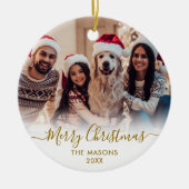 Modern Gold Script White2 Foto Vrolijk Kerstfeest Keramisch Ornament (Voorkant)