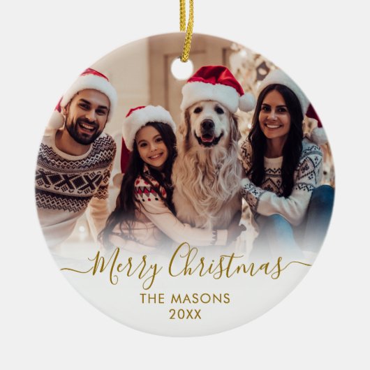 Modern Gold Script White2 Foto Vrolijk Kerstfeest Keramisch Ornament (Voorkant)