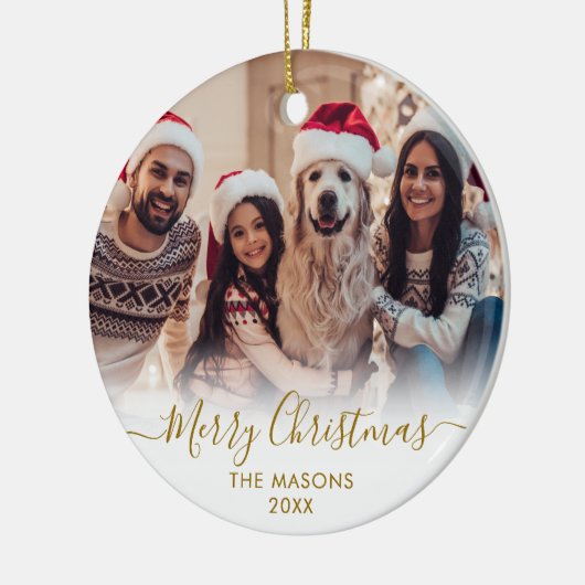 Modern Gold Script White2 Foto Vrolijk Kerstfeest Keramisch Ornament (Links)