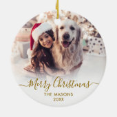 Modern Gold Script White2 Foto Vrolijk Kerstfeest Keramisch Ornament (Achterkant)