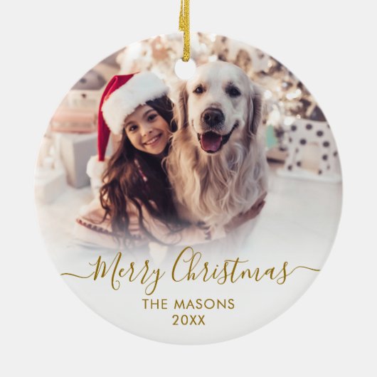 Modern Gold Script White2 Foto Vrolijk Kerstfeest Keramisch Ornament (Achterkant)