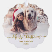 Modern Gold Script Wit 2 Familie Foto Kerstmis Ornament Kaart (Achterkant)