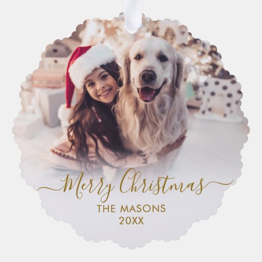 Modern Gold Script Wit 2 Familie Foto Kerstmis Ornament Kaart (Achterkant)