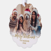 Modern Gold Script Wit 2 Familie Foto Kerstmis Ornament Kaart (Links)