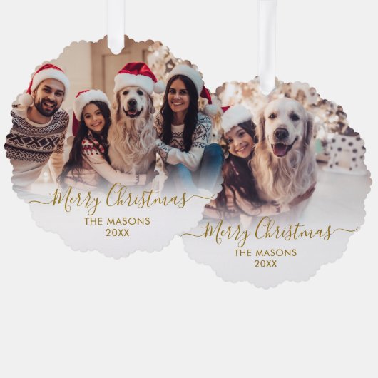 Modern Gold Script Wit 2 Familie Foto Kerstmis Ornament Kaart (Voorkant / Achterkant)