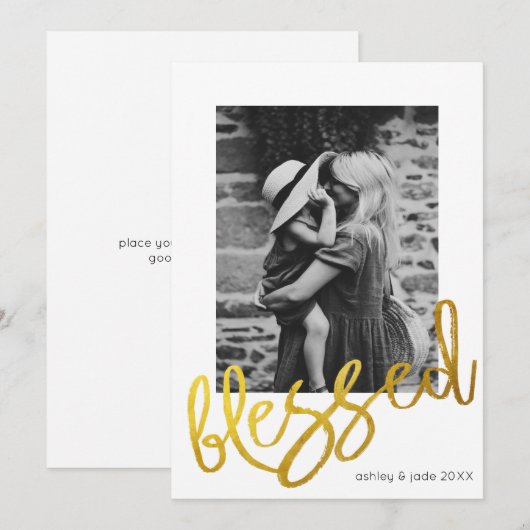 Modern Gold script zegende foto bedekking familie Aankondiging (Voorkant / Achterkant)