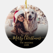Modern Gold Script Zwart 2 Foto Vrolijk Kerstfeest Keramisch Ornament (Achterkant)