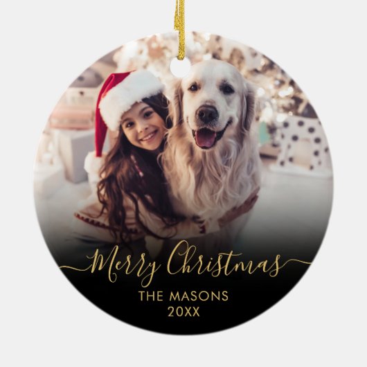 Modern Gold Script Zwart 2 Foto Vrolijk Kerstfeest Keramisch Ornament (Achterkant)