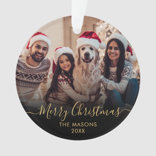 Modern Gold Script Zwart 2 Foto Vrolijk Kerstfeest Ornament (voorkant)